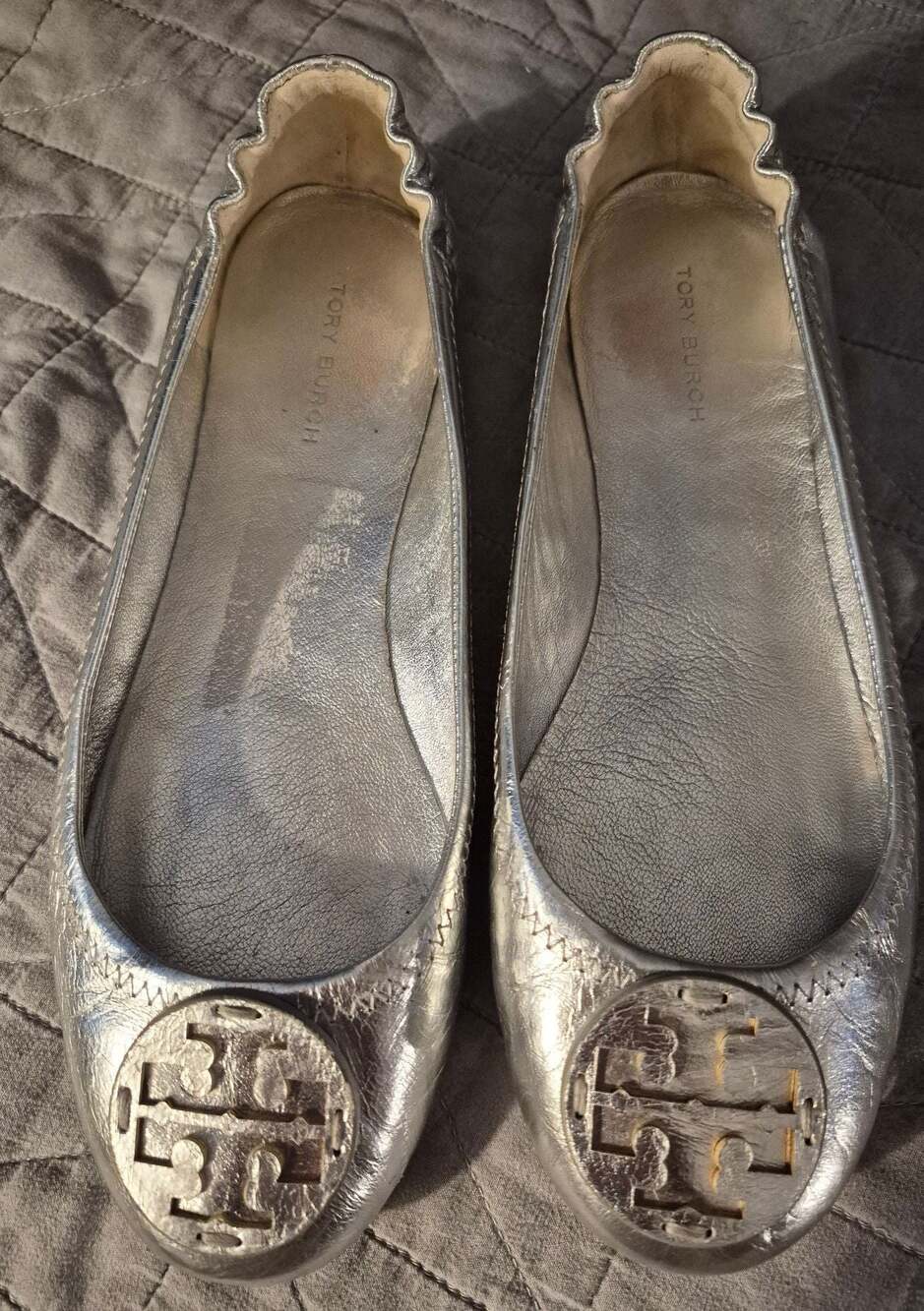 Tory Burch Reva Metallic Silver Leather Ballet Flats